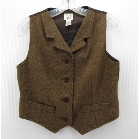 VINTAGE Gap Vest XS Waistcoat Wool Tweed Herringbone 90s Belted - Picture 1 of 9